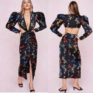 Nasty Gal Cutout Dress Size 12 Floral V Neck Cut Out Maxi Dress NEW Mob Wife